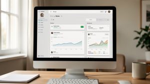 Photo réaliste d’un ordinateur sur un bureau, affichant une interface d’historique d’article avec des versions et des graphiques d’analyse des contributeurs, ambiance documentaire sobre.