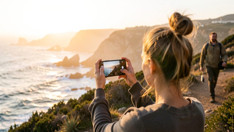 Une vidéaste d’un office de tourisme filme avec un smartphone un littoral français au lever du soleil, tandis qu’un homme et une femme voyagent en arrière-plan.