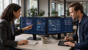 Une femme et un homme analysent des interfaces abstraites de résultats de recherche et de réponses d’intelligence artificielle dans un bureau moderne et professionnel.
