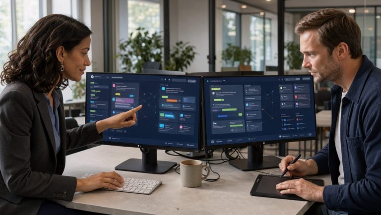 Une femme et un homme analysent des interfaces abstraites de résultats de recherche et de réponses d’intelligence artificielle dans un bureau moderne et professionnel.
