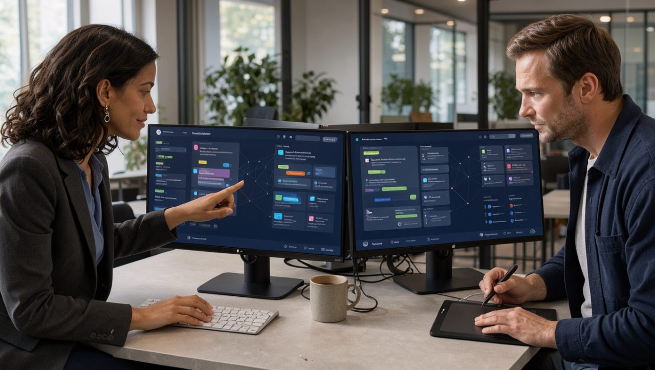 Une femme et un homme analysent des interfaces abstraites de résultats de recherche et de réponses d’intelligence artificielle dans un bureau moderne et professionnel.