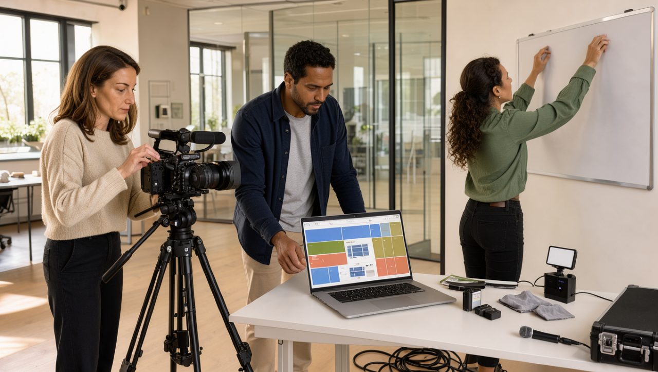 Équipe d’une agence web française préparant un tournage vidéo B2B dans un bureau lumineux, avec une caméra, un ordinateur présentant une maquette visuelle de site et un tableau éditorial vierge.